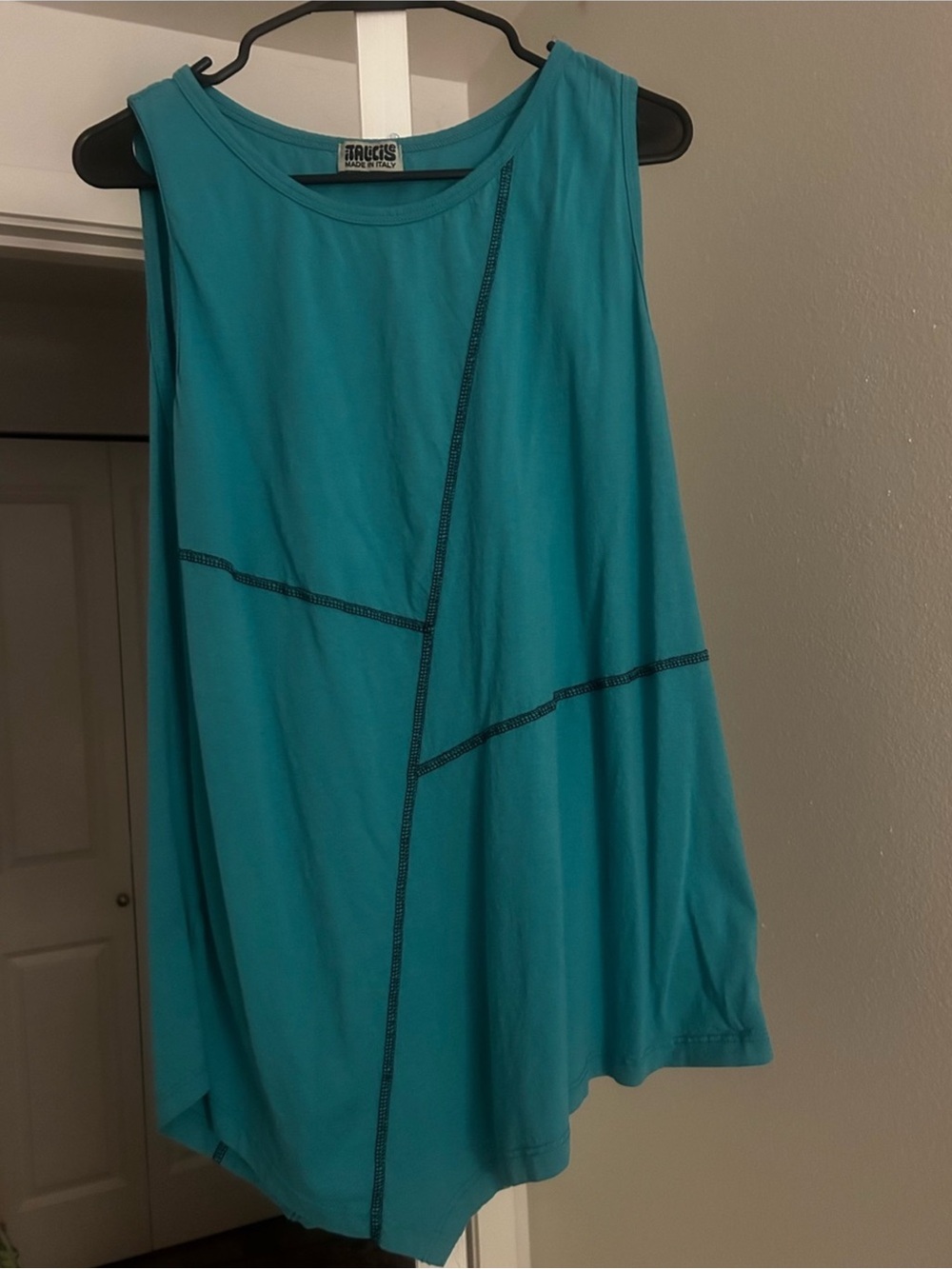 Made In Italy Cotton Sleeveless Teal Asymmetric Tank Top - Picture 2 of 7
